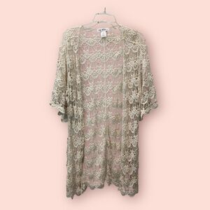 Say What Boho Crochet Duster Long Sz MED White Floral Lace Scallop Hem Beach O…
